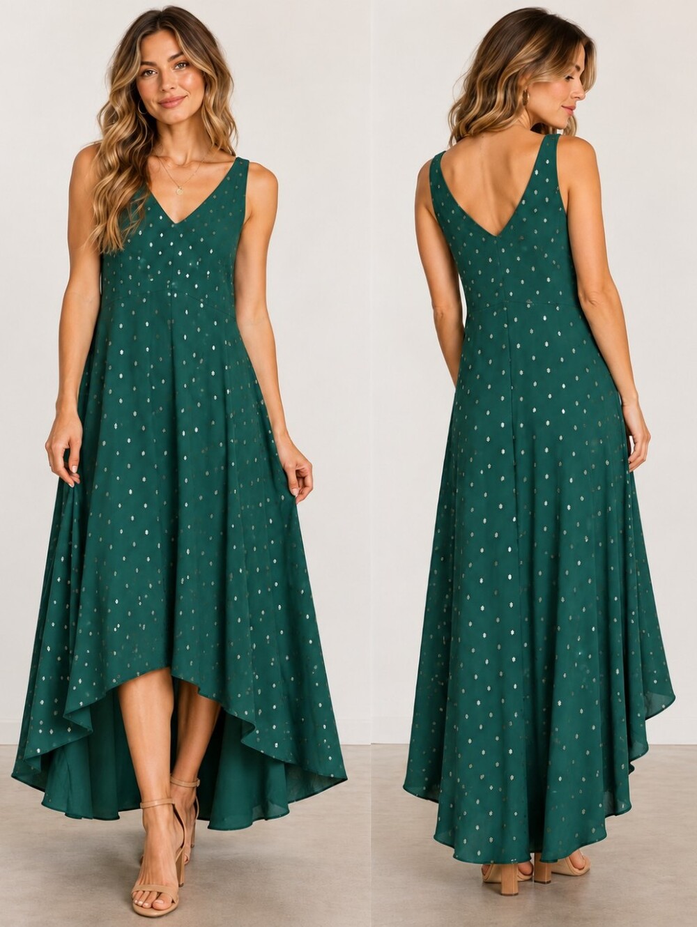 Ted Baker London Size 0 Emerald Green Gold Metallic High Low Dress